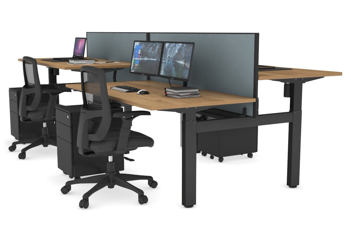 Just Right Height Adjustable 4 Person H-Bench Workstation - Black Frame [1400L x 800W] Jasonl salvage oak cool grey (820H x 1400W) black cable tray