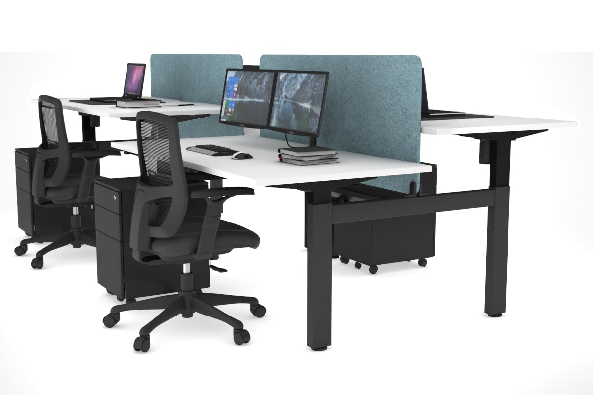 Just Right Height Adjustable 4 Person H-Bench Workstation - Black Frame [1400L x 800W] Jasonl white blue echo panel (820H x 1200W) black cable tray