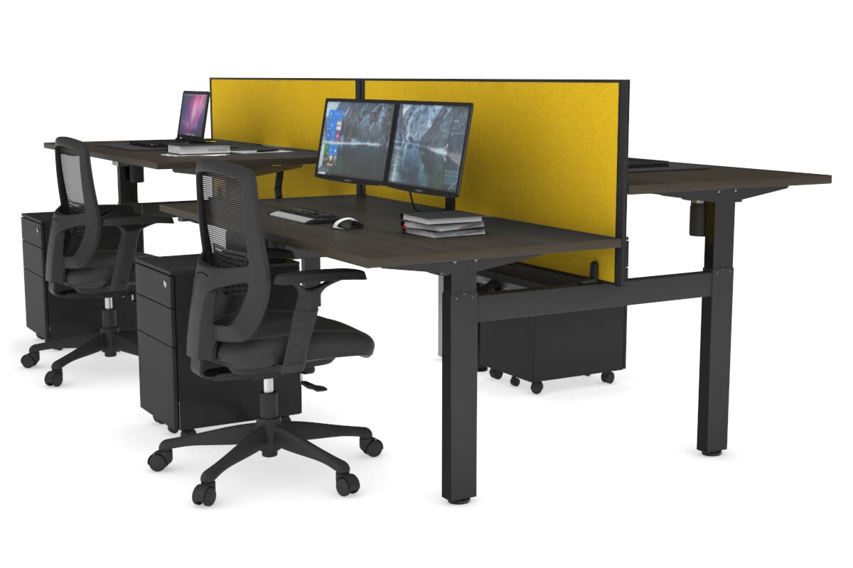 Just Right Height Adjustable 4 Person H-Bench Workstation - Black Frame [1400L x 800W] Jasonl dark oak mustard yellow (820H x 1400W) black cable tray