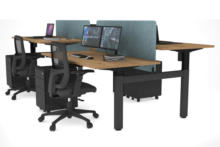 Just Right Height Adjustable 4 Person H-Bench Workstation - Black Frame [1400L x 800W] Jasonl salvage oak blue echo panel (820H x 1200W) none