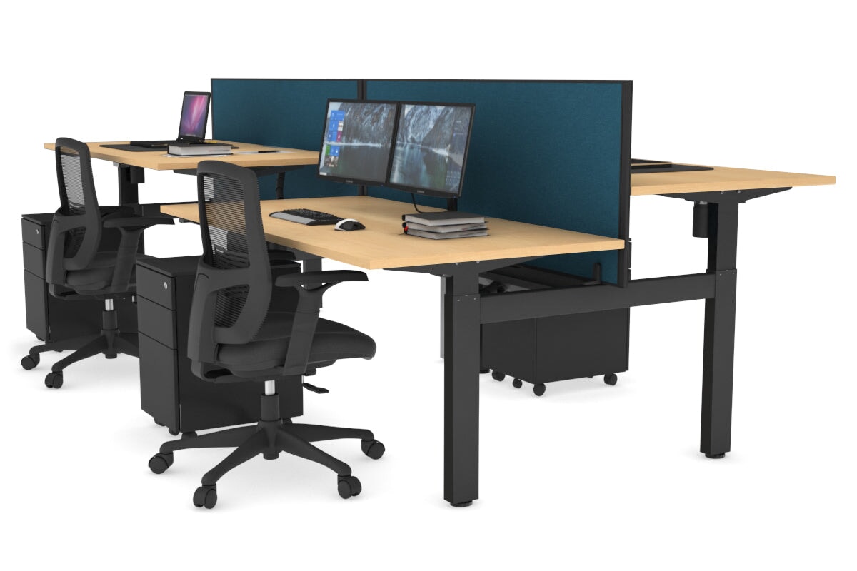 Just Right Height Adjustable 4 Person H-Bench Workstation - Black Frame [1400L x 800W] Jasonl maple deep blue (820H x 1400W) black cable tray