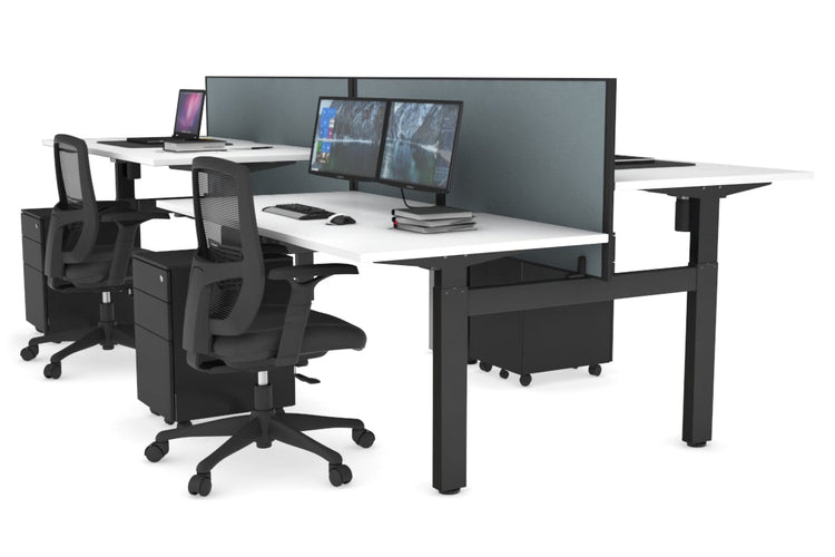 Just Right Height Adjustable 4 Person H-Bench Workstation - Black Frame [1400L x 800W] Jasonl white cool grey (820H x 1400W) none