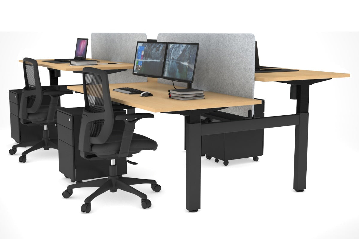 Just Right Height Adjustable 4 Person H-Bench Workstation - Black Frame [1400L x 800W] Jasonl maple light grey echo panel (820H x 1200W) black cable tray