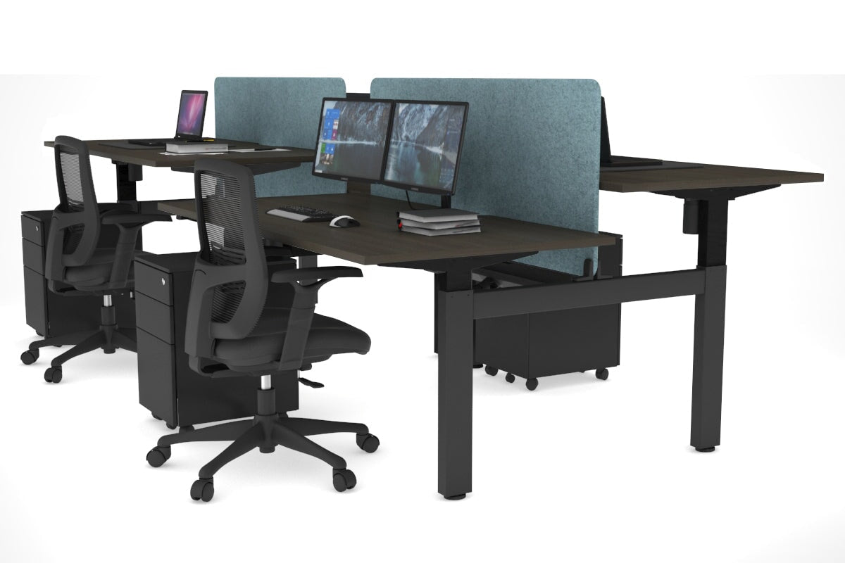 Just Right Height Adjustable 4 Person H-Bench Workstation - Black Frame [1400L x 800W] Jasonl dark oak blue echo panel (820H x 1200W) black cable tray