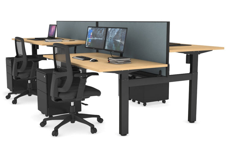 Just Right Height Adjustable 4 Person H-Bench Workstation - Black Frame [1400L x 800W] Jasonl maple cool grey (820H x 1400W) black cable tray
