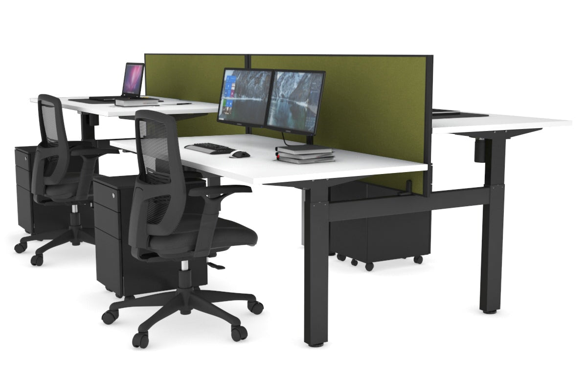 Just Right Height Adjustable 4 Person H-Bench Workstation - Black Frame [1400L x 800W] Jasonl white green moss (820H x 1400W) none