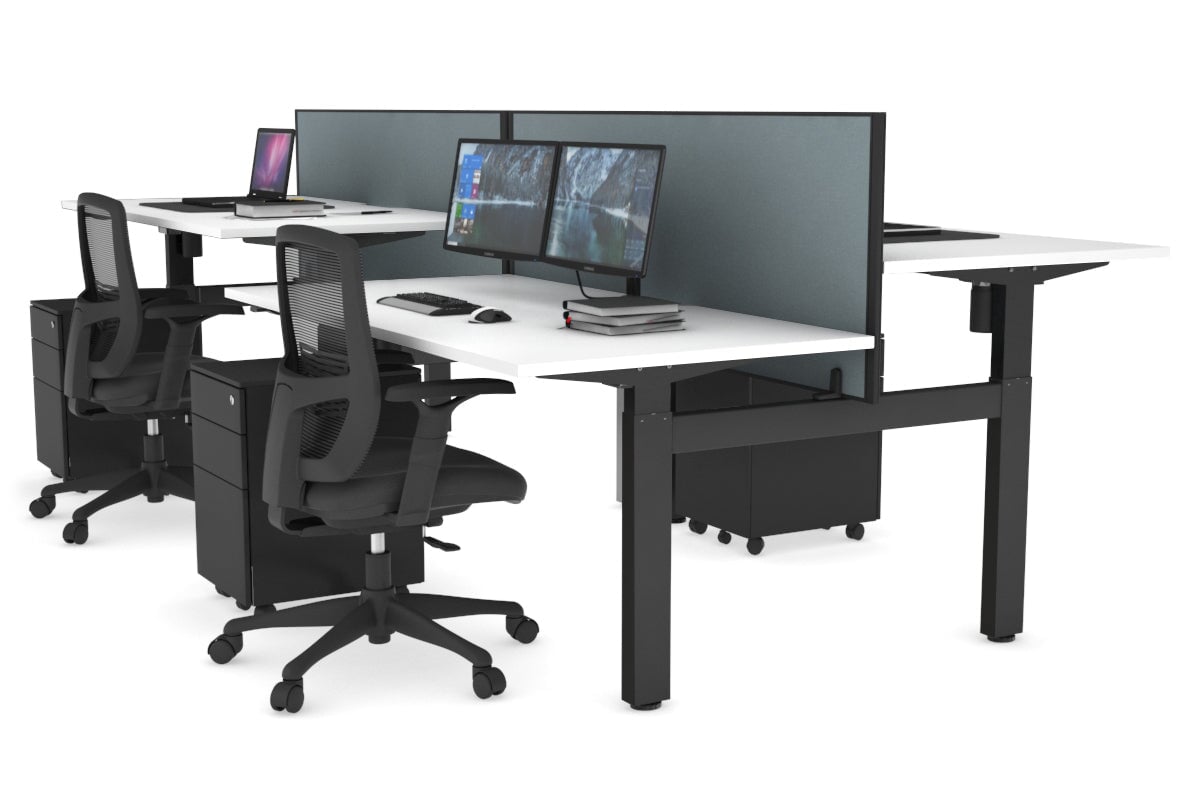 Just Right Height Adjustable 4 Person H-Bench Workstation - Black Frame [1600L x 800W] Jasonl white cool grey (820H x 1600W) none