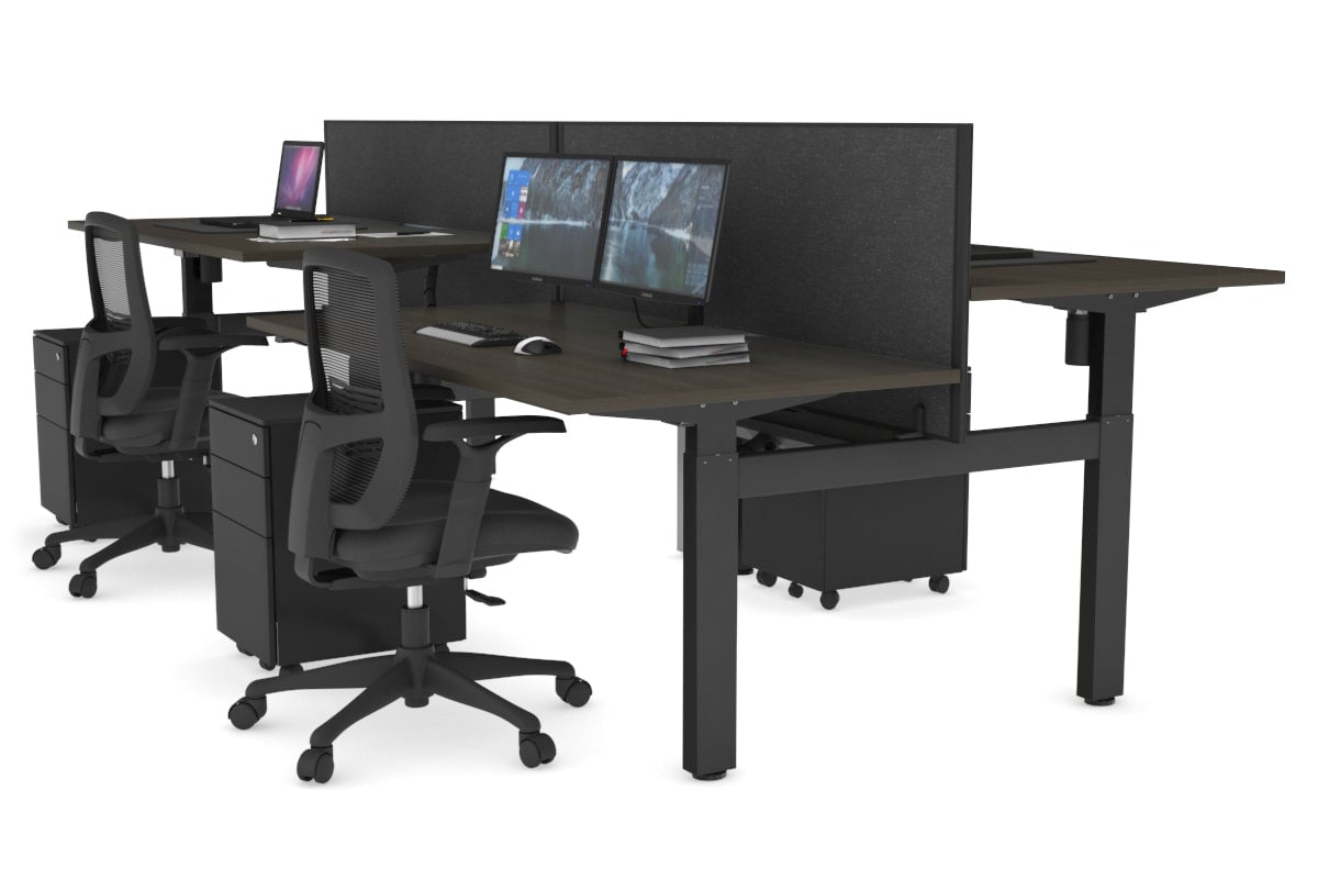 Just Right Height Adjustable 4 Person H-Bench Workstation - Black Frame [1600L x 800W] Jasonl dark oak moody charcoal (820H x 1600W) black cable tray