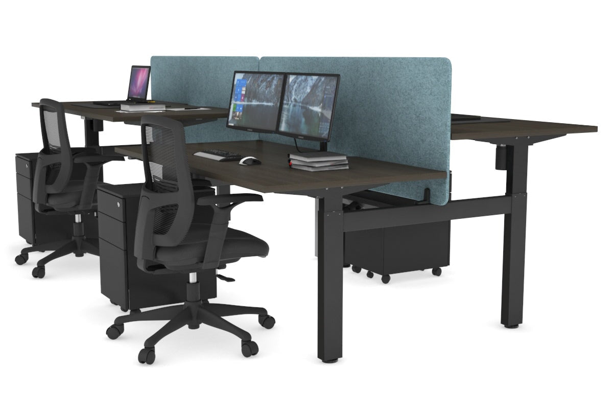 Just Right Height Adjustable 4 Person H-Bench Workstation - Black Frame [1600L x 800W] Jasonl dark oak blue echo panel (820H x 1600W) black cable tray
