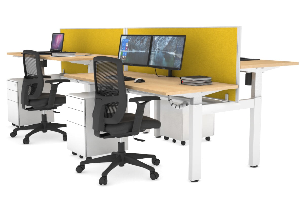 Just Right Height Adjustable 4 Person H-Bench Workstation - White Frame [1200L x 700W] Jasonl maple mustard yellow (820H x 1200W) white cable tray