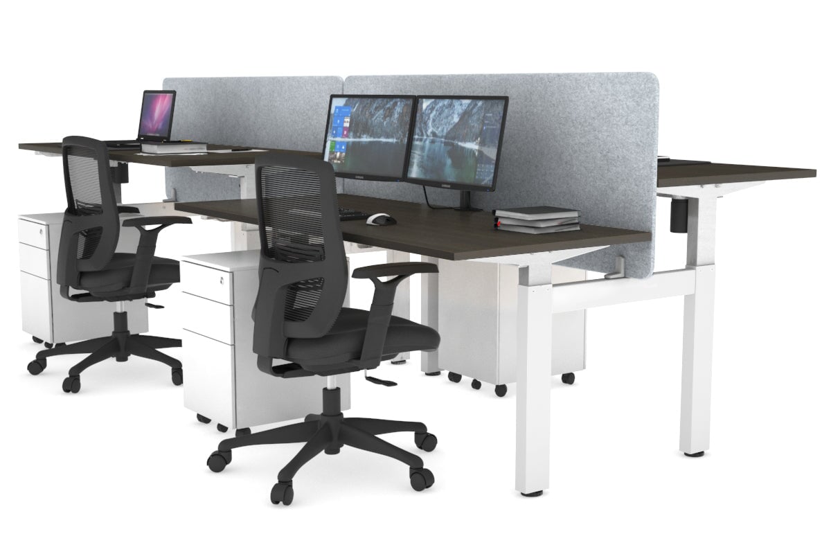 Just Right Height Adjustable 4 Person H-Bench Workstation - White Frame [1200L x 700W] Jasonl dark oak light grey echo panel (820H x 1200W) none