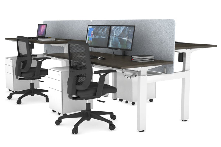 Just Right Height Adjustable 4 Person H-Bench Workstation - White Frame [1200L x 700W] Jasonl dark oak light grey echo panel (820H x 1200W) white cable tray