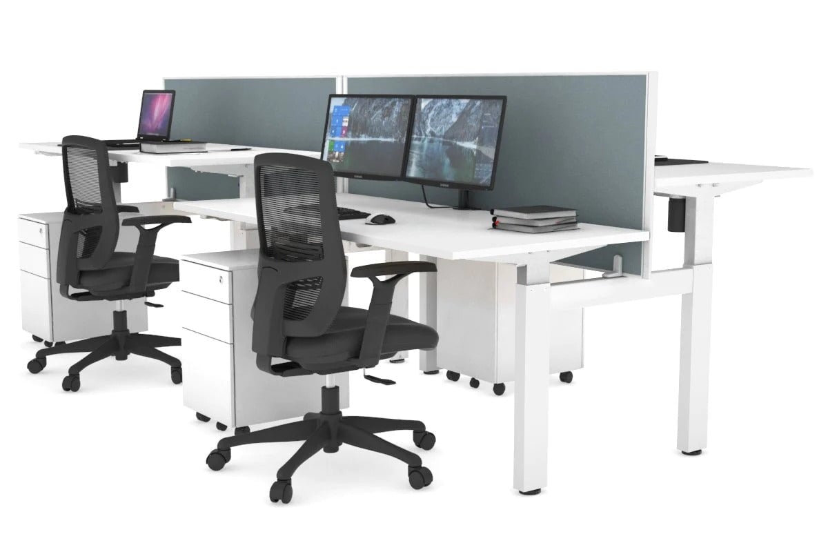 Just Right Height Adjustable 4 Person H-Bench Workstation - White Frame [1200L x 700W] Jasonl white cool grey (820H x 1200W) none