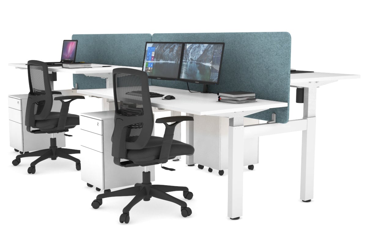 Just Right Height Adjustable 4 Person H-Bench Workstation - White Frame [1200L x 700W] Jasonl white blue echo panel (820H x 1200W) none