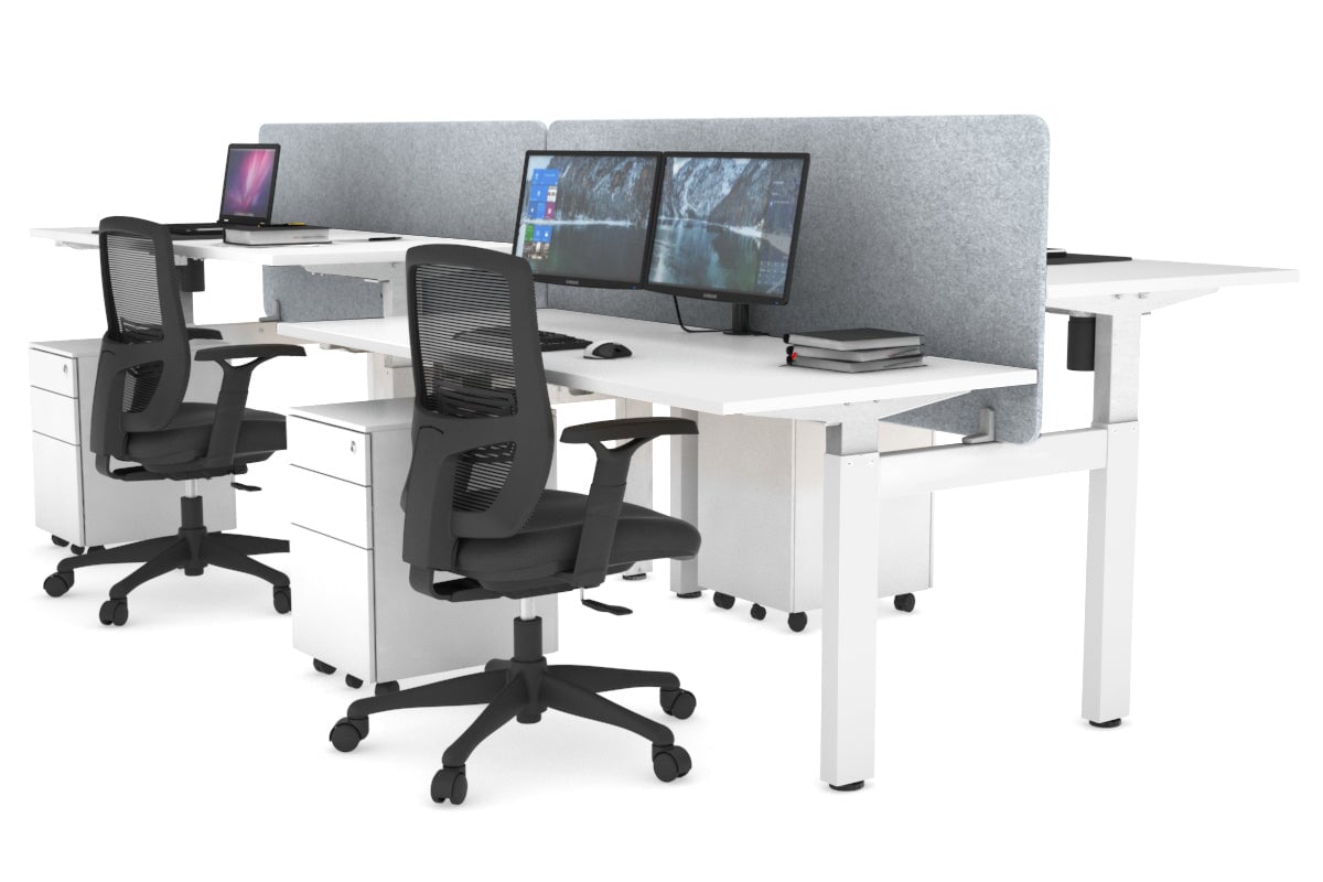 Just Right Height Adjustable 4 Person H-Bench Workstation - White Frame [1200L x 700W] Jasonl white light grey echo panel (820H x 1200W) none