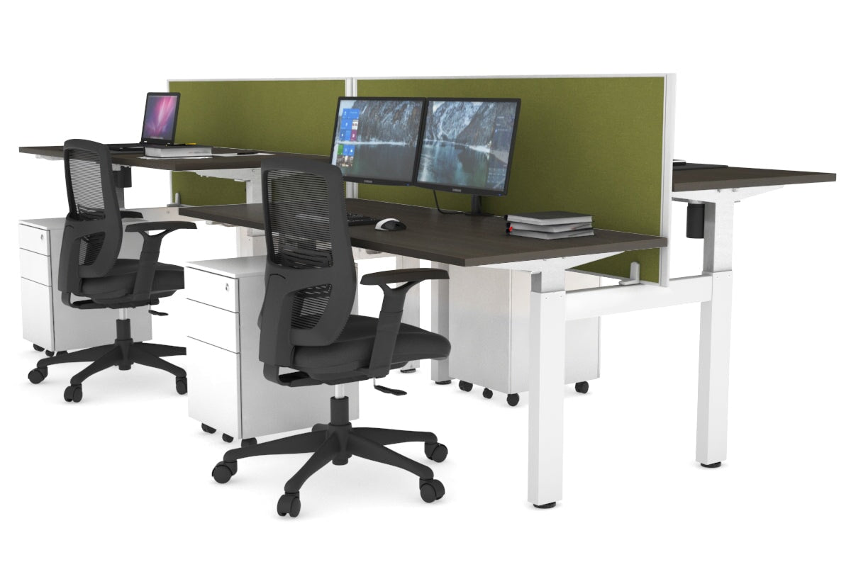 Just Right Height Adjustable 4 Person H-Bench Workstation - White Frame [1200L x 700W] Jasonl dark oak green moss (820H x 1200W) none