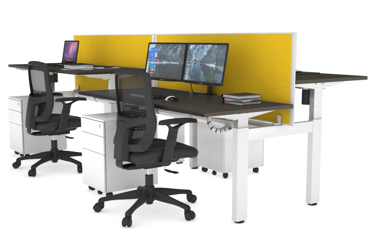 Just Right Height Adjustable 4 Person H-Bench Workstation - White Frame [1200L x 700W] Jasonl dark oak mustard yellow (820H x 1200W) white cable tray