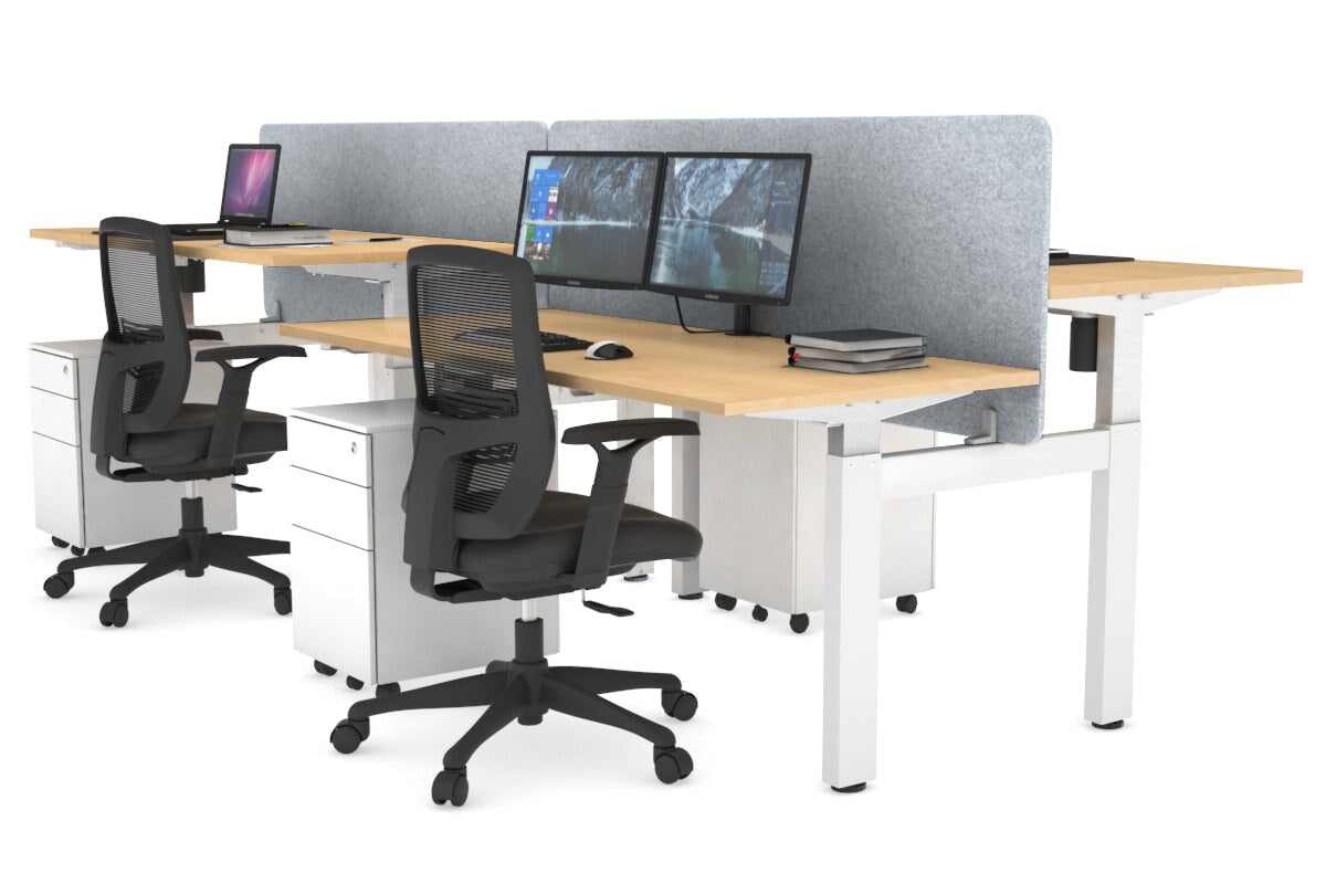 Just Right Height Adjustable 4 Person H-Bench Workstation - White Frame [1200L x 700W] Jasonl maple light grey echo panel (820H x 1200W) none