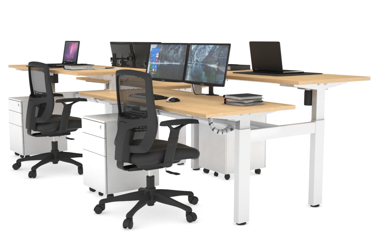 Just Right Height Adjustable 4 Person H-Bench Workstation - White Frame [1200L x 700W] Jasonl maple none white cable tray