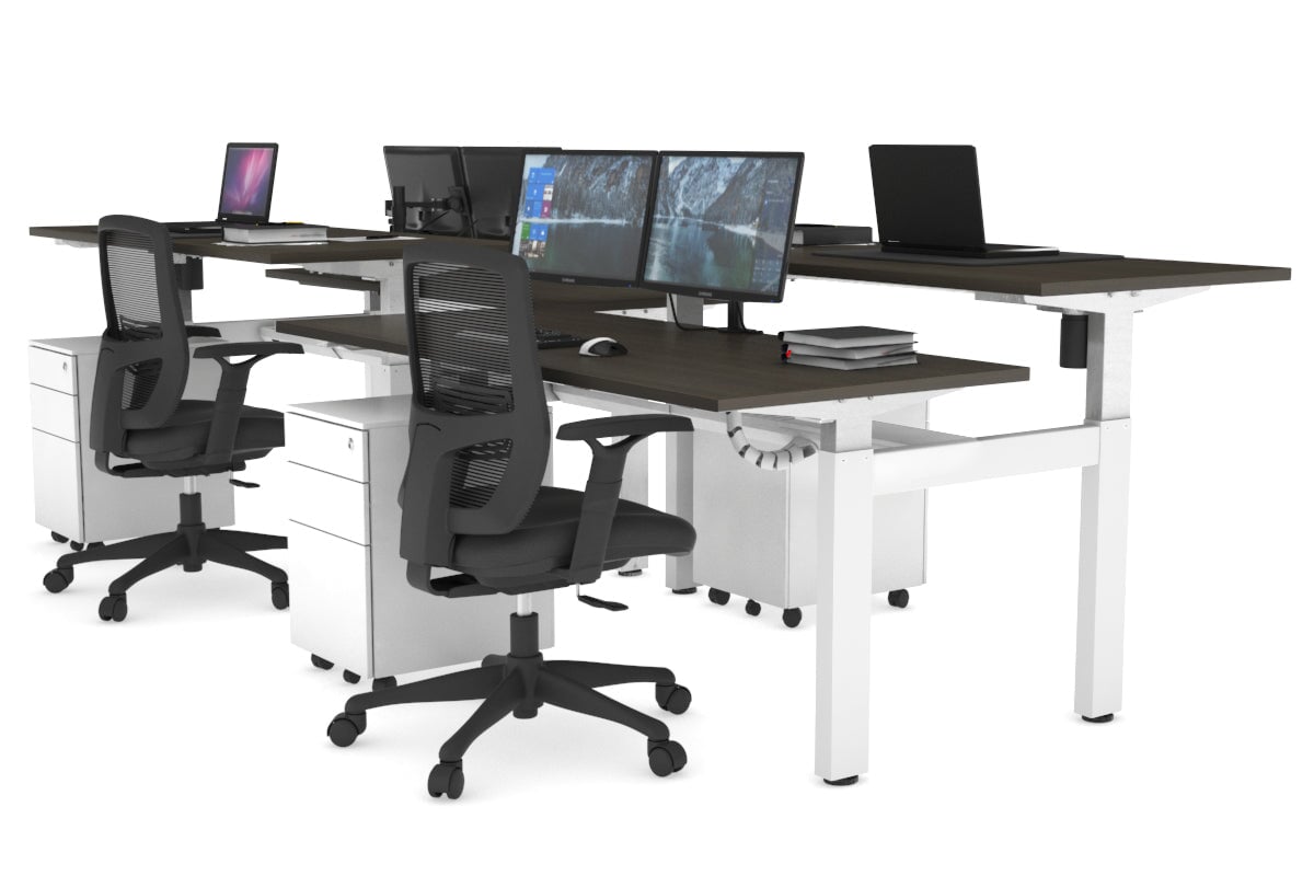 Just Right Height Adjustable 4 Person H-Bench Workstation - White Frame [1200L x 700W] Jasonl dark oak none white cable tray