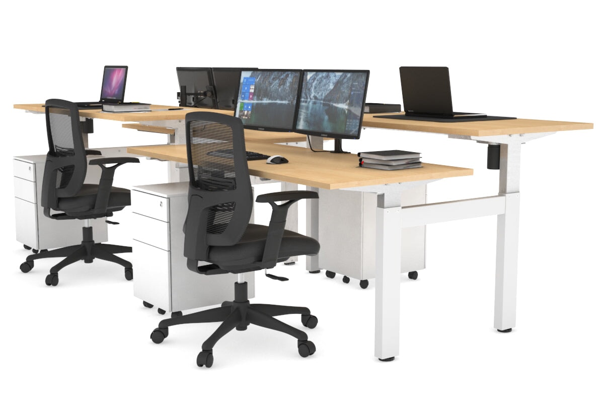 Just Right Height Adjustable 4 Person H-Bench Workstation - White Frame [1200L x 700W] Jasonl maple none none