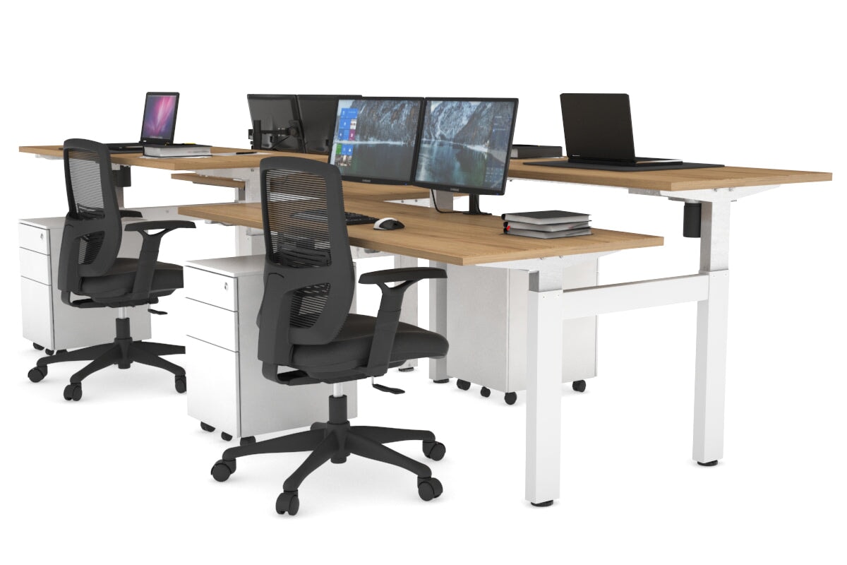 Just Right Height Adjustable 4 Person H-Bench Workstation - White Frame [1200L x 700W] Jasonl salvage oak none none