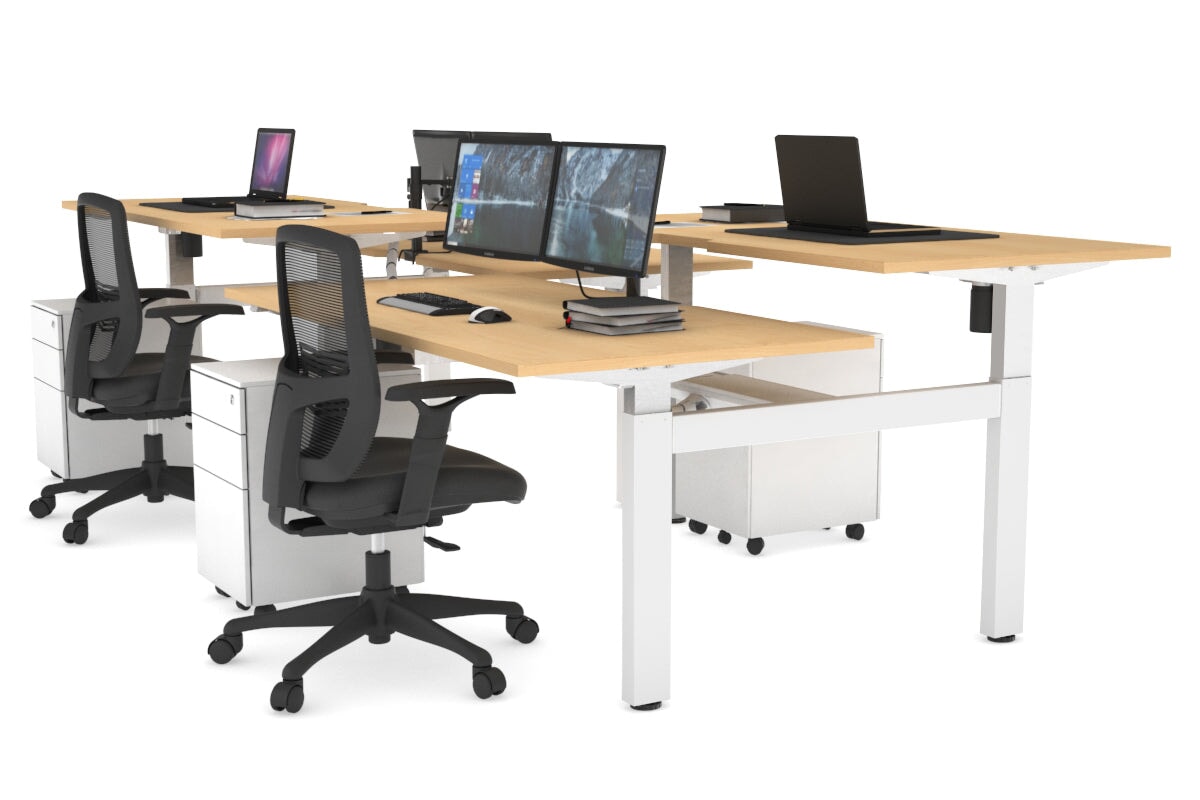 Just Right Height Adjustable 4 Person H-Bench Workstation - White Frame [1200L x 800W] Jasonl maple none white cable tray