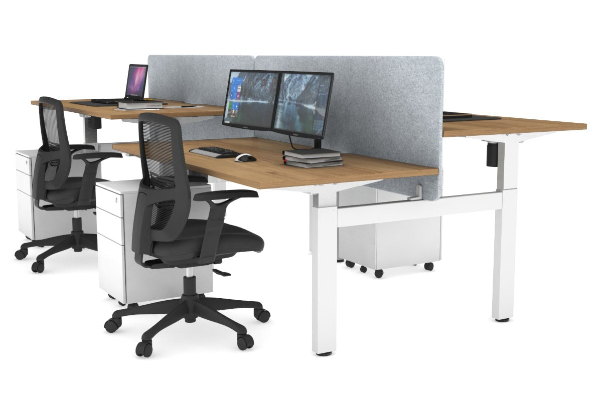 Just Right Height Adjustable 4 Person H-Bench Workstation - White Frame [1200L x 800W] Jasonl salvage oak light grey echo panel (820H x 1200W) none