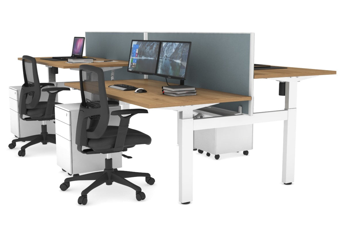 Just Right Height Adjustable 4 Person H-Bench Workstation - White Frame [1200L x 800W] Jasonl salvage oak cool grey (820H x 1200W) white cable tray