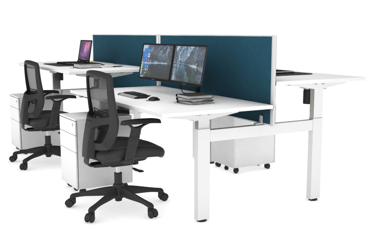 Just Right Height Adjustable 4 Person H-Bench Workstation - White Frame [1200L x 800W] Jasonl white deep blue (820H x 1200W) none