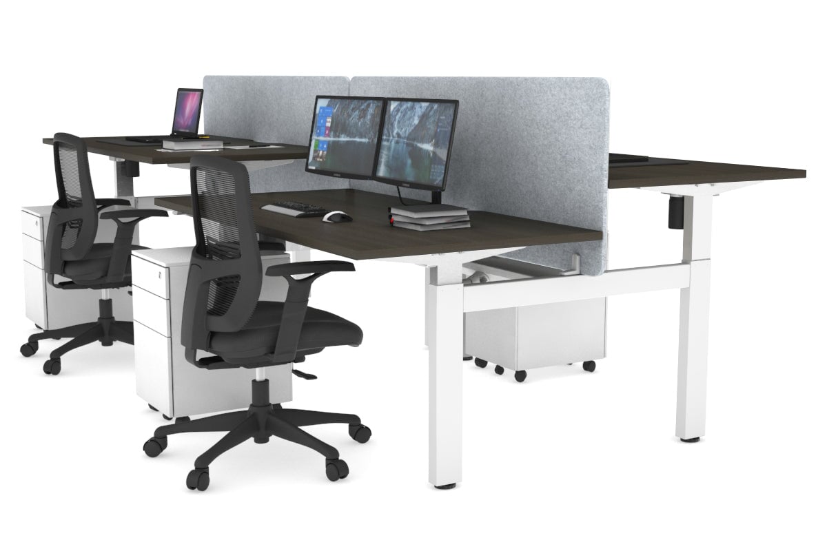 Just Right Height Adjustable 4 Person H-Bench Workstation - White Frame [1200L x 800W] Jasonl dark oak light grey echo panel (820H x 1200W) white cable tray