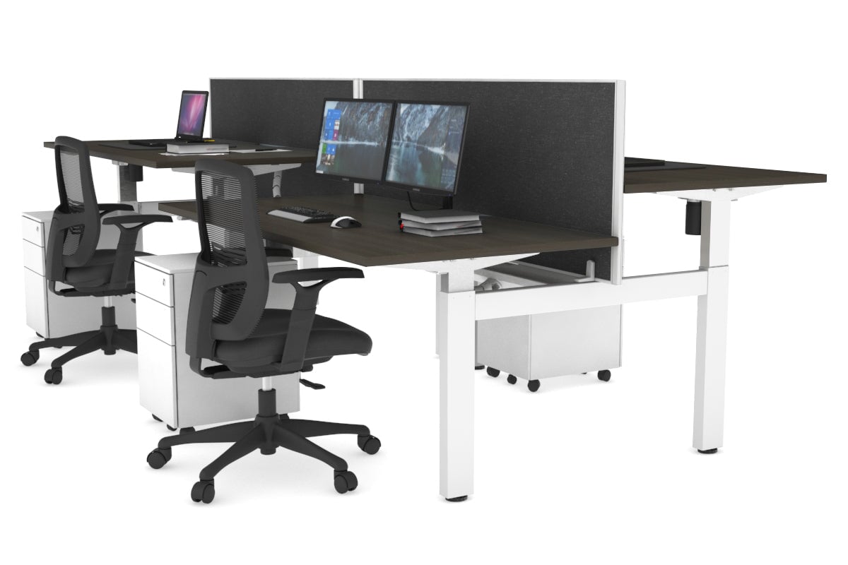 Just Right Height Adjustable 4 Person H-Bench Workstation - White Frame [1200L x 800W] Jasonl dark oak moody charcoal (820H x 1200W) white cable tray