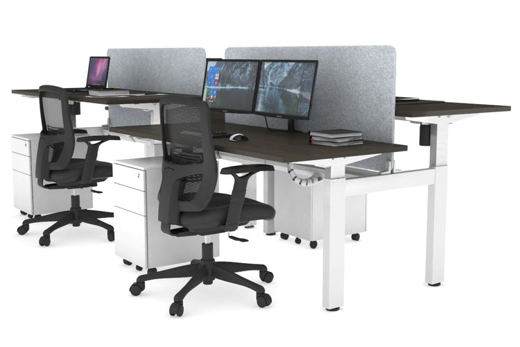 Just Right Height Adjustable 4 Person H-Bench Workstation - White Frame [1400L x 700W] Jasonl dark oak light grey echo panel (820H x 1200W) white cable tray