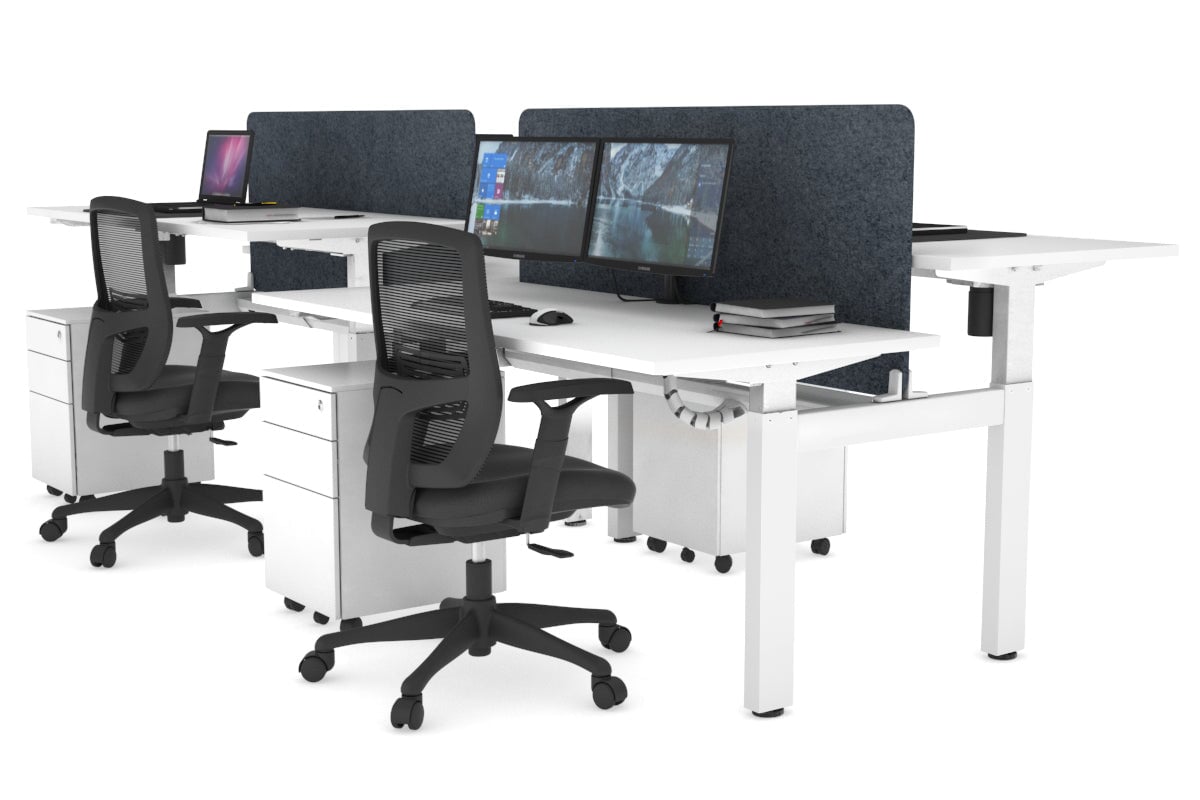 Just Right Height Adjustable 4 Person H-Bench Workstation - White Frame [1400L x 700W] Jasonl white dark grey echo panel (820H x 1200W) white cable tray