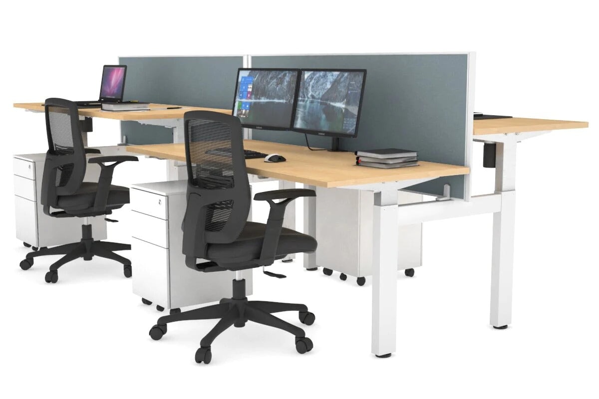 Just Right Height Adjustable 4 Person H-Bench Workstation - White Frame [1400L x 700W] Jasonl maple cool grey (820H x 1400W) none
