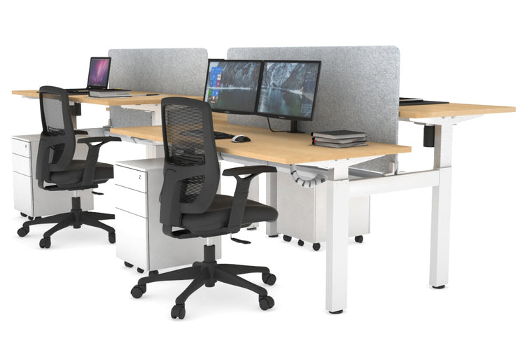 Just Right Height Adjustable 4 Person H-Bench Workstation - White Frame [1400L x 700W] Jasonl maple light grey echo panel (820H x 1200W) white cable tray