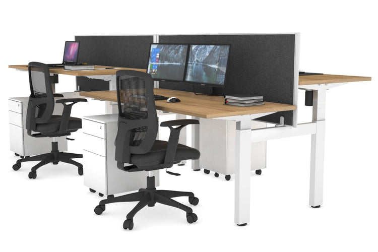 Just Right Height Adjustable 4 Person H-Bench Workstation - White Frame [1400L x 700W] Jasonl salvage oak moody charcoal (820H x 1400W) none