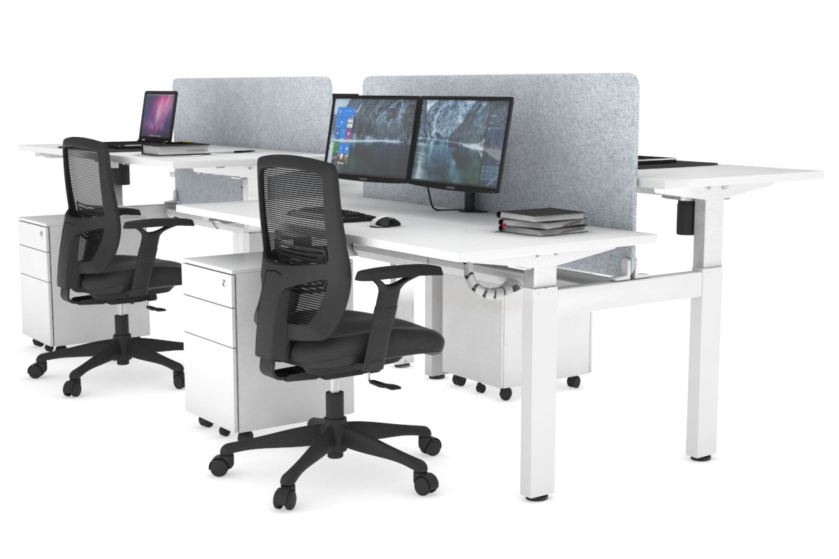 Just Right Height Adjustable 4 Person H-Bench Workstation - White Frame [1400L x 700W] Jasonl white light grey echo panel (820H x 1200W) white cable tray