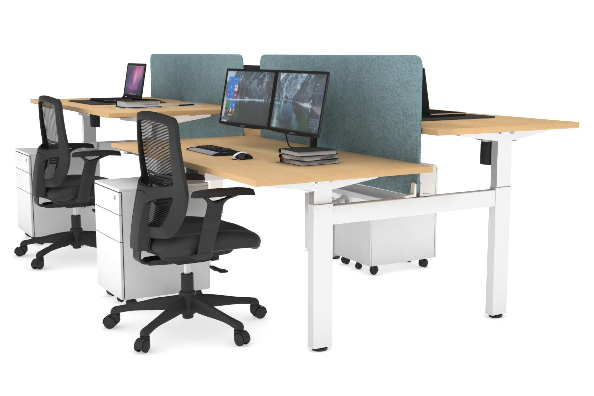 Just Right Height Adjustable 4 Person H-Bench Workstation - White Frame [1400L x 800W] Jasonl maple blue echo panel (820H x 1200W) white cable tray