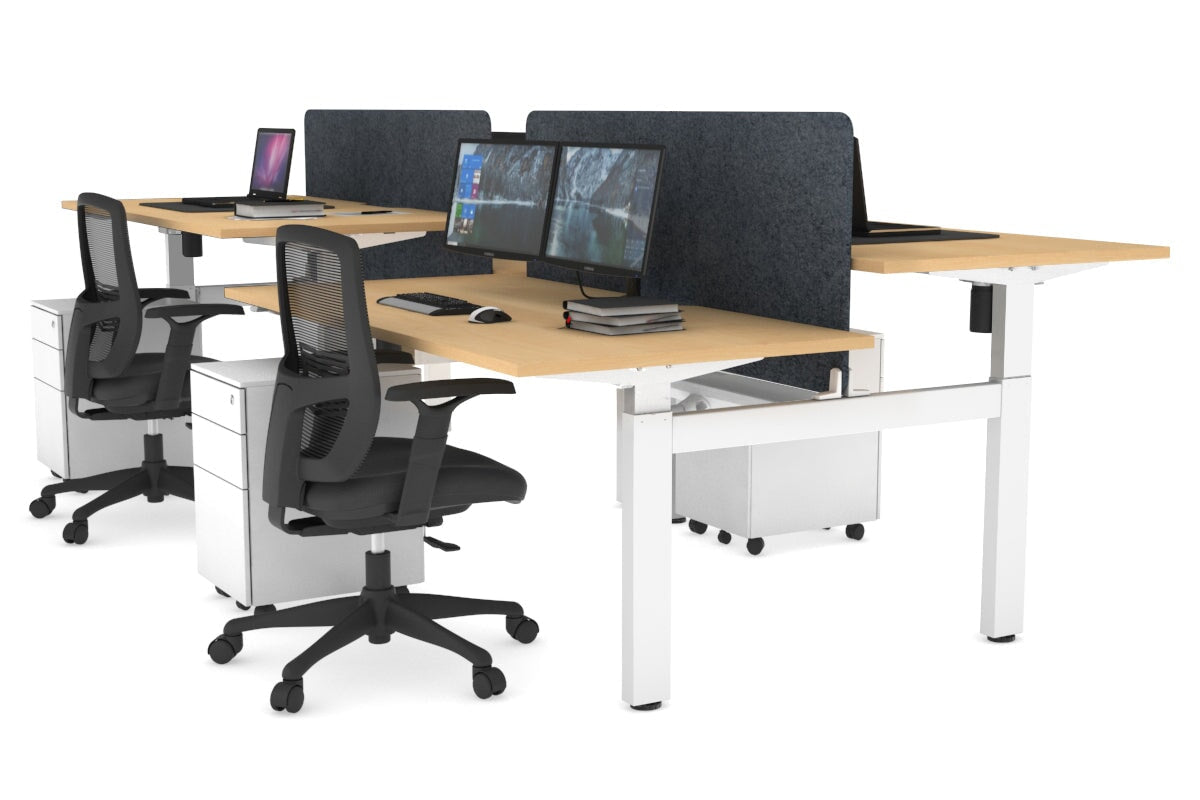 Just Right Height Adjustable 4 Person H-Bench Workstation - White Frame [1400L x 800W] Jasonl maple dark grey echo panel (820H x 1200W) white cable tray