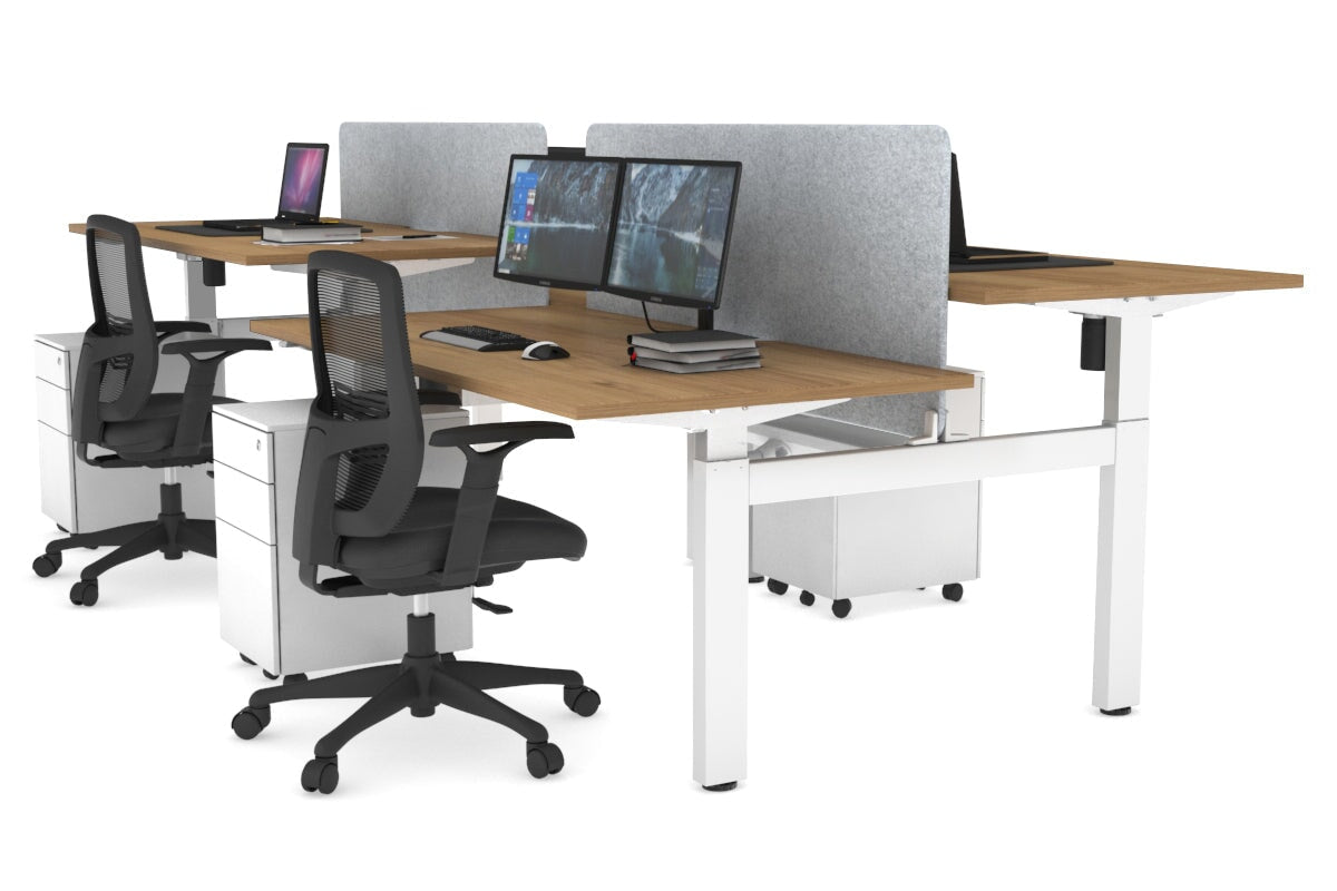 Just Right Height Adjustable 4 Person H-Bench Workstation - White Frame [1400L x 800W] Jasonl salvage oak light grey echo panel (820H x 1200W) white cable tray