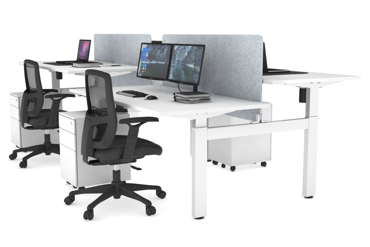 Just Right Height Adjustable 4 Person H-Bench Workstation - White Frame [1400L x 800W] Jasonl white light grey echo panel (820H x 1200W) none