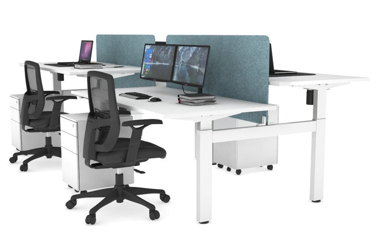Just Right Height Adjustable 4 Person H-Bench Workstation - White Frame [1400L x 800W] Jasonl white blue echo panel (820H x 1200W) none