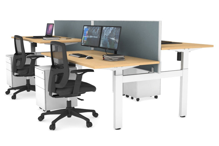 Just Right Height Adjustable 4 Person H-Bench Workstation - White Frame [1400L x 800W] Jasonl maple cool grey (820H x 1400W) none