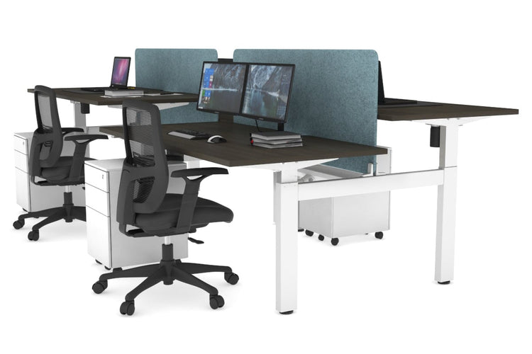 Just Right Height Adjustable 4 Person H-Bench Workstation - White Frame [1400L x 800W] Jasonl dark oak blue echo panel (820H x 1200W) white cable tray