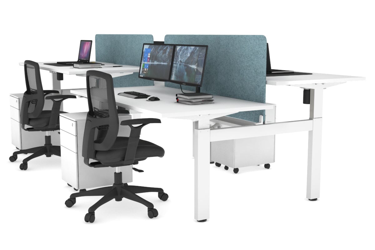 Just Right Height Adjustable 4 Person H-Bench Workstation - White Frame [1400L x 800W] Jasonl white blue echo panel (820H x 1200W) white cable tray