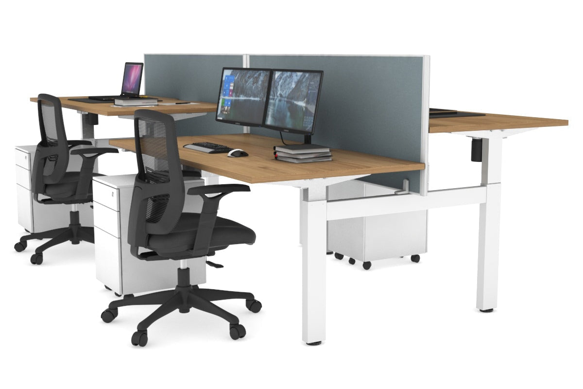 Just Right Height Adjustable 4 Person H-Bench Workstation - White Frame [1400L x 800W] Jasonl salvage oak cool grey (820H x 1400W) none