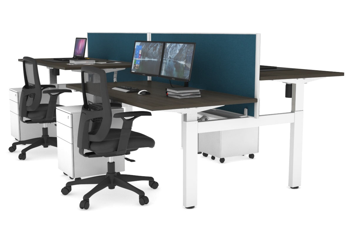 Just Right Height Adjustable 4 Person H-Bench Workstation - White Frame [1400L x 800W] Jasonl dark oak deep blue (820H x 1400W) white cable tray