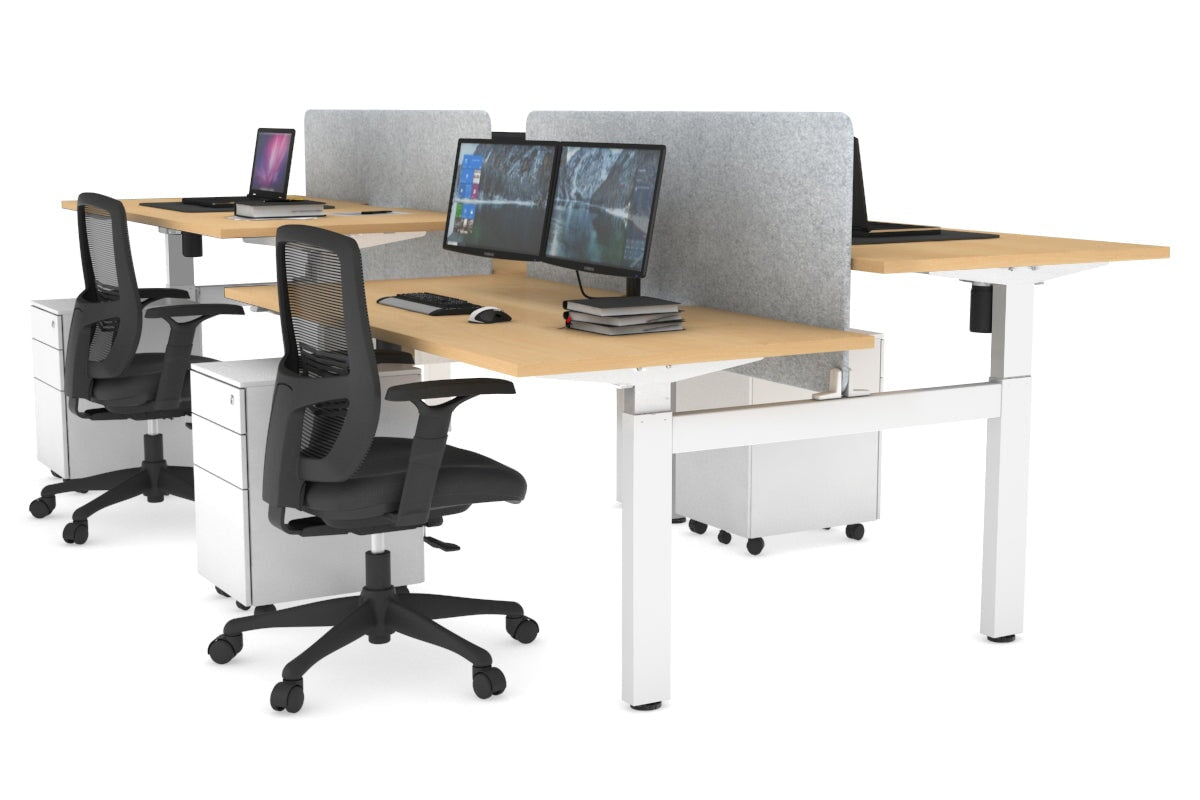 Just Right Height Adjustable 4 Person H-Bench Workstation - White Frame [1400L x 800W] Jasonl maple light grey echo panel (820H x 1200W) none