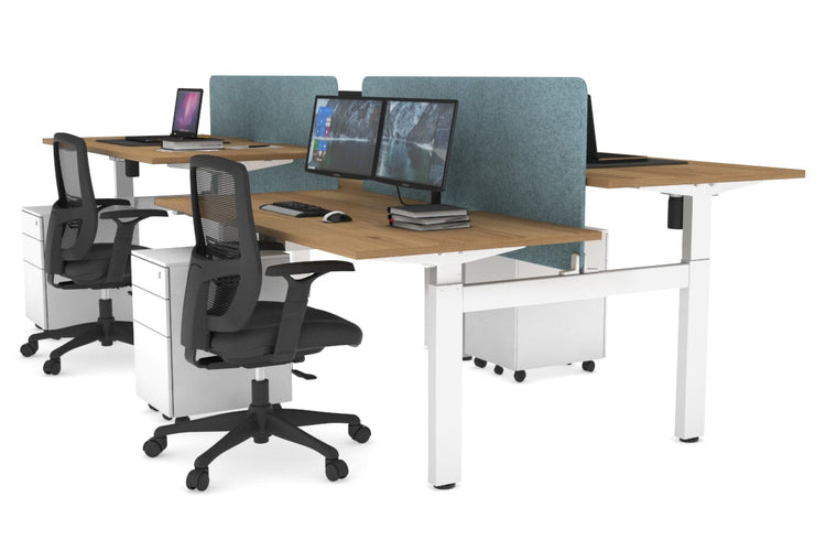 Just Right Height Adjustable 4 Person H-Bench Workstation - White Frame [1400L x 800W] Jasonl salvage oak blue echo panel (820H x 1200W) none